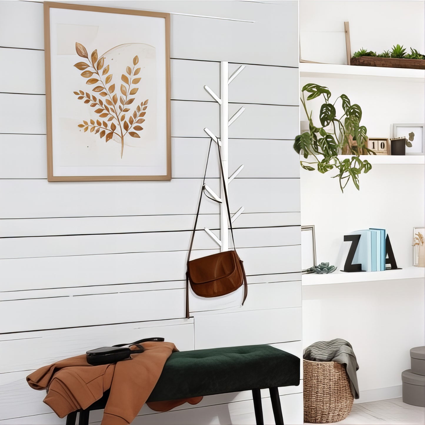 Porte-manteau mural en bois blanc - Style vertical à branche