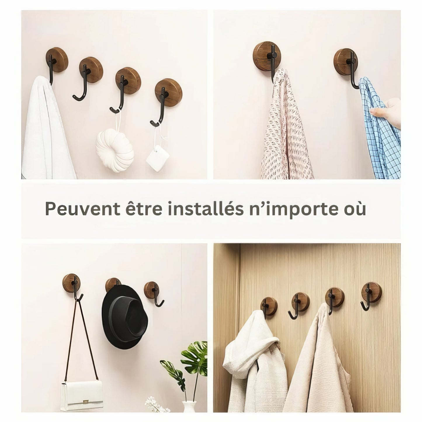 Patère individuelle en bois avec crochet - Style rond (Lot x4)