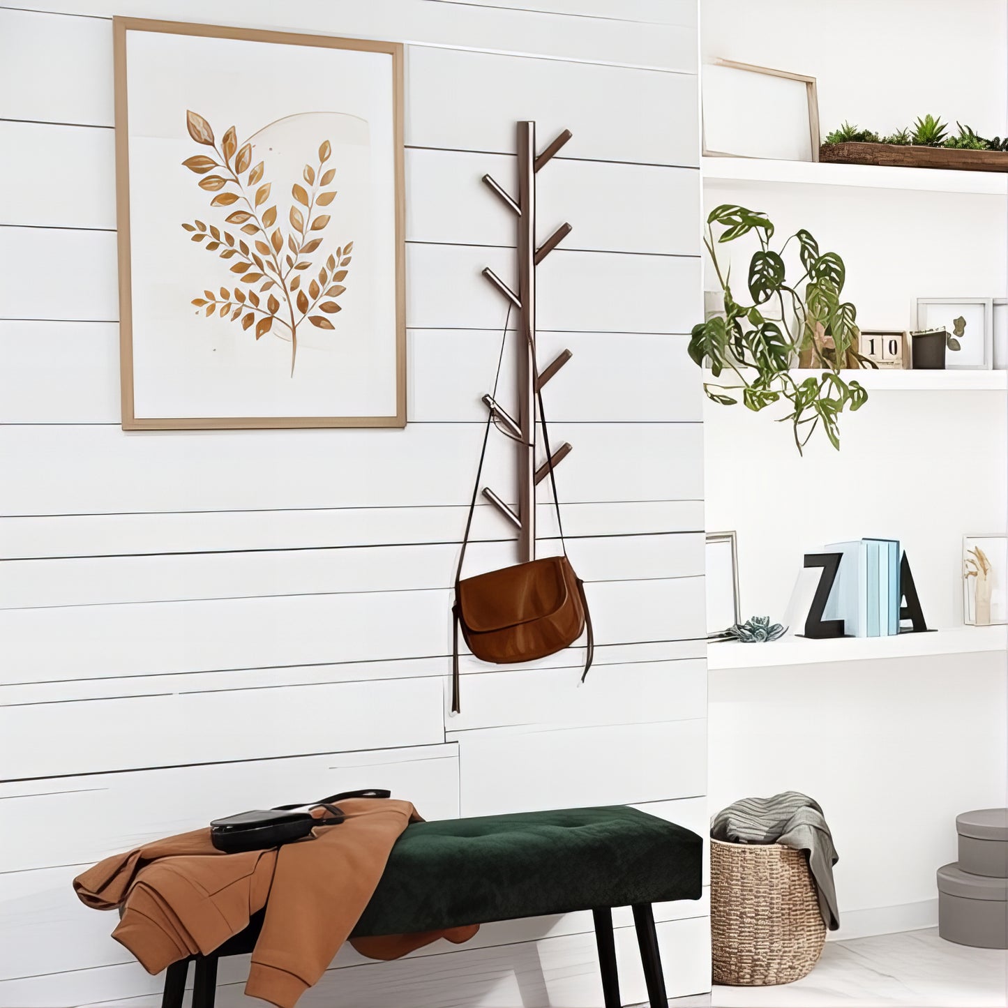 Porte-manteau mural en bois vernis - Style vertical à branche