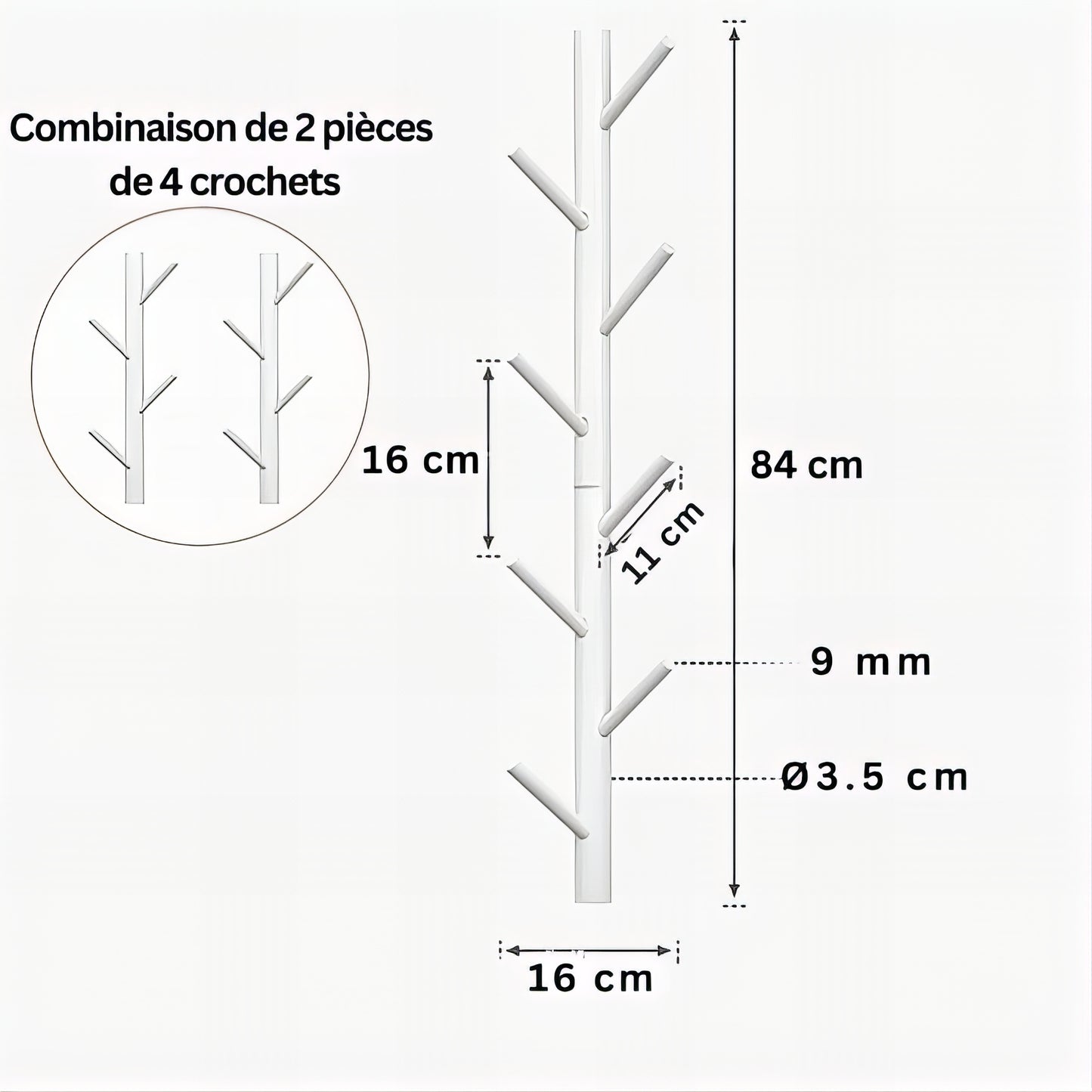 Porte-manteau mural en bois blanc - Style vertical à branche