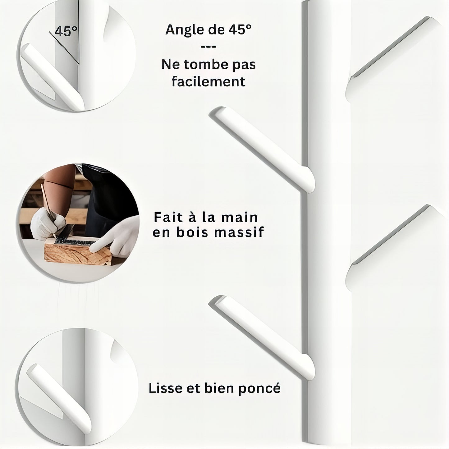 Porte-manteau mural en bois blanc - Style vertical à branche