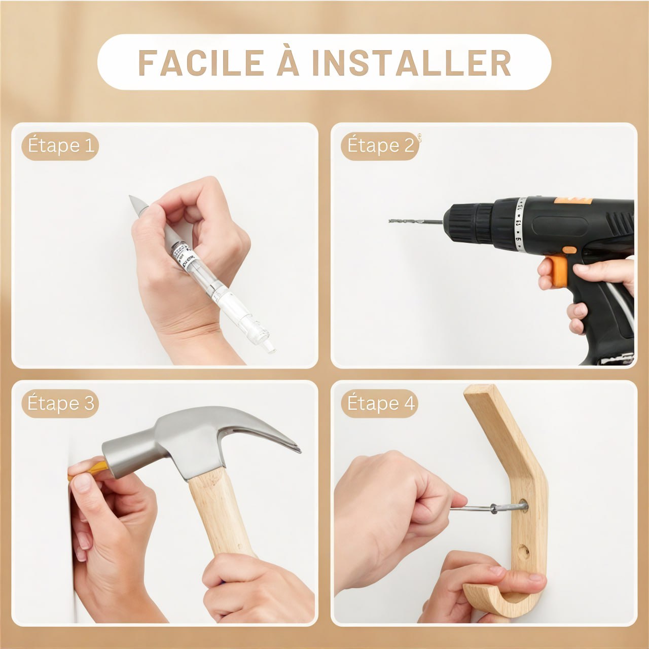 Patère individuelle en bois brut - Style arrondi (Lot x4)