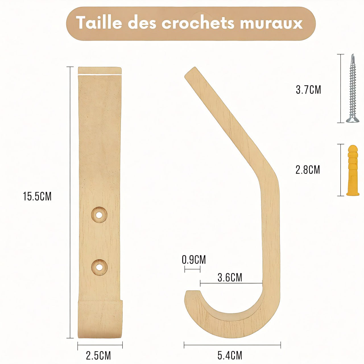 Patère individuelle en bois brut - Style arrondi (Lot x4)