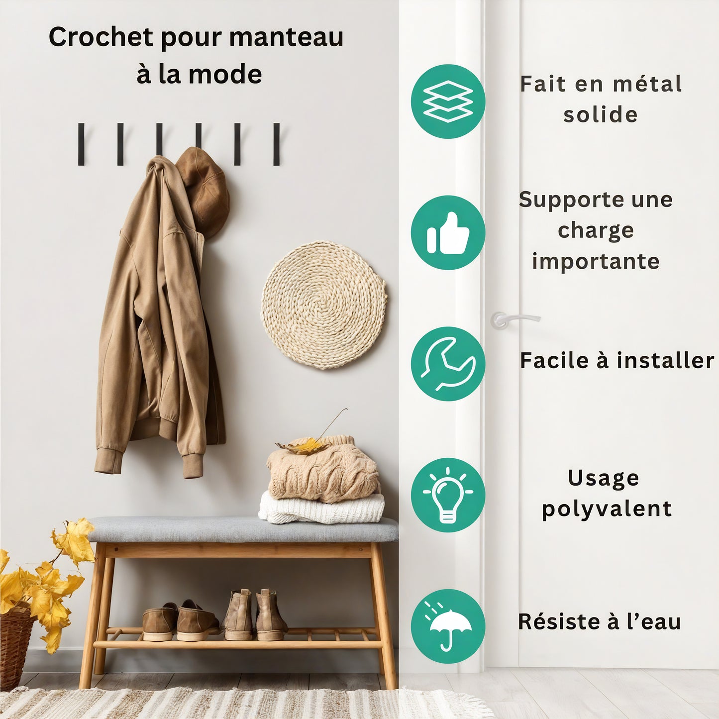 Patère individuelle en métal noir - Style rectiligne (Lot de 6)