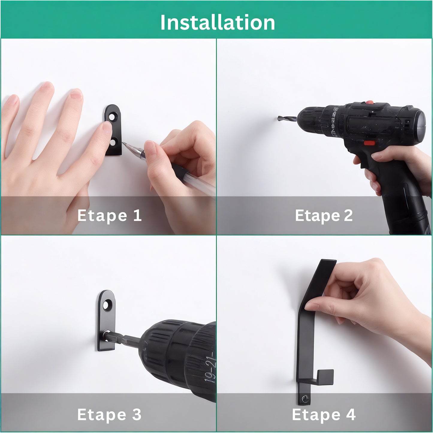 Patère individuelle en métal noir - Style rectiligne (Lot de 6)