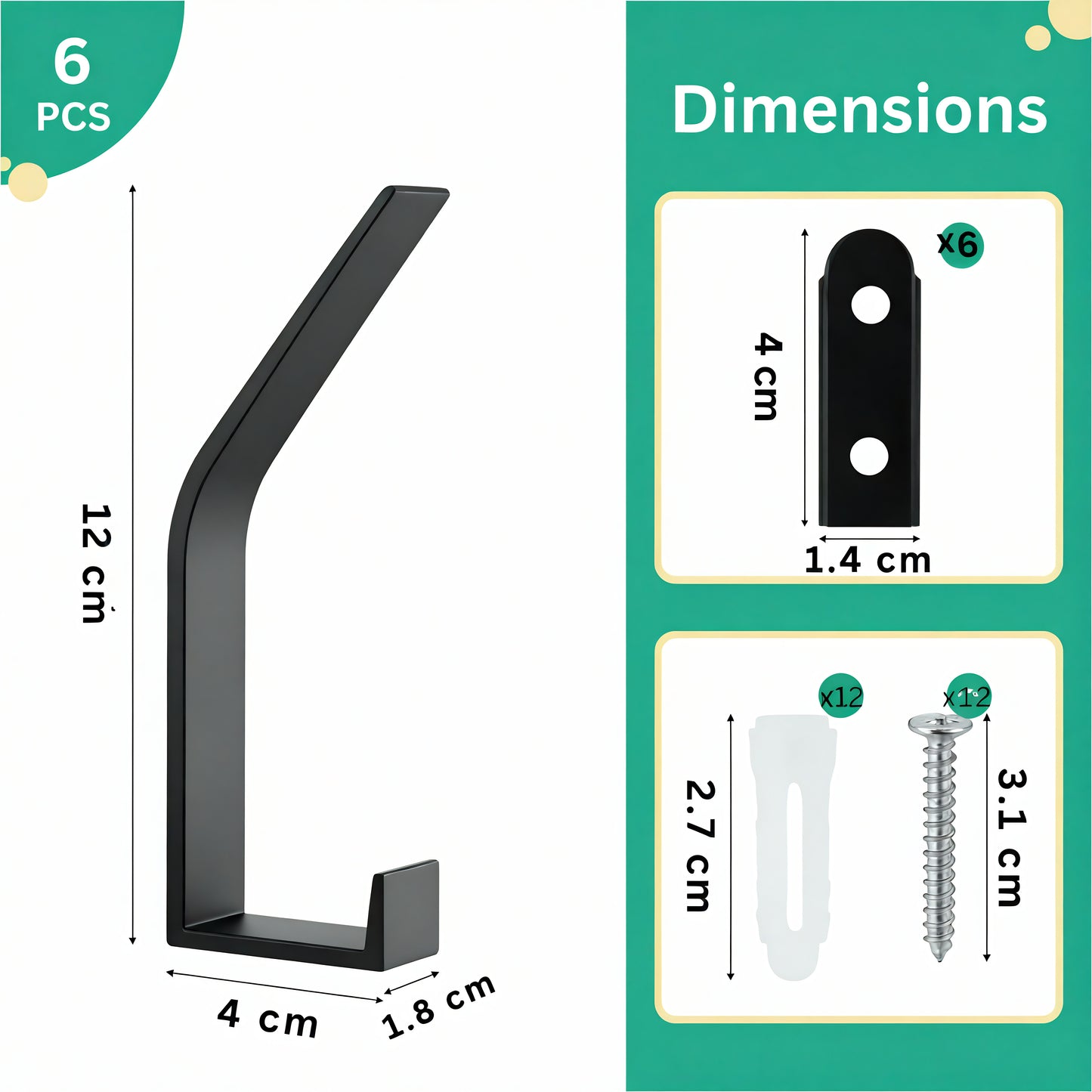 Patère individuelle en métal noir - Style rectiligne (Lot de 6)