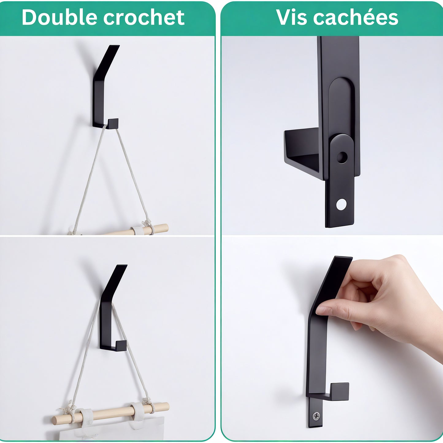 Patère individuelle en métal noir - Style rectiligne (Lot de 6)