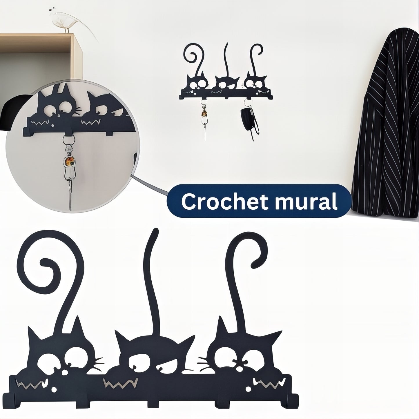 Porte-manteau mural & clés - Style chats