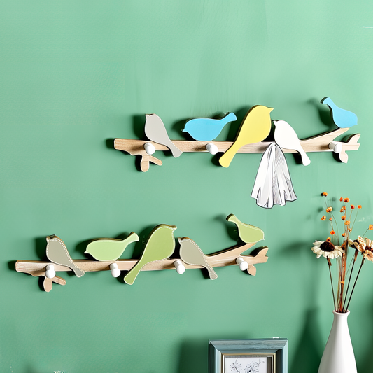Patère murale oiseau vert et bleu sur branche