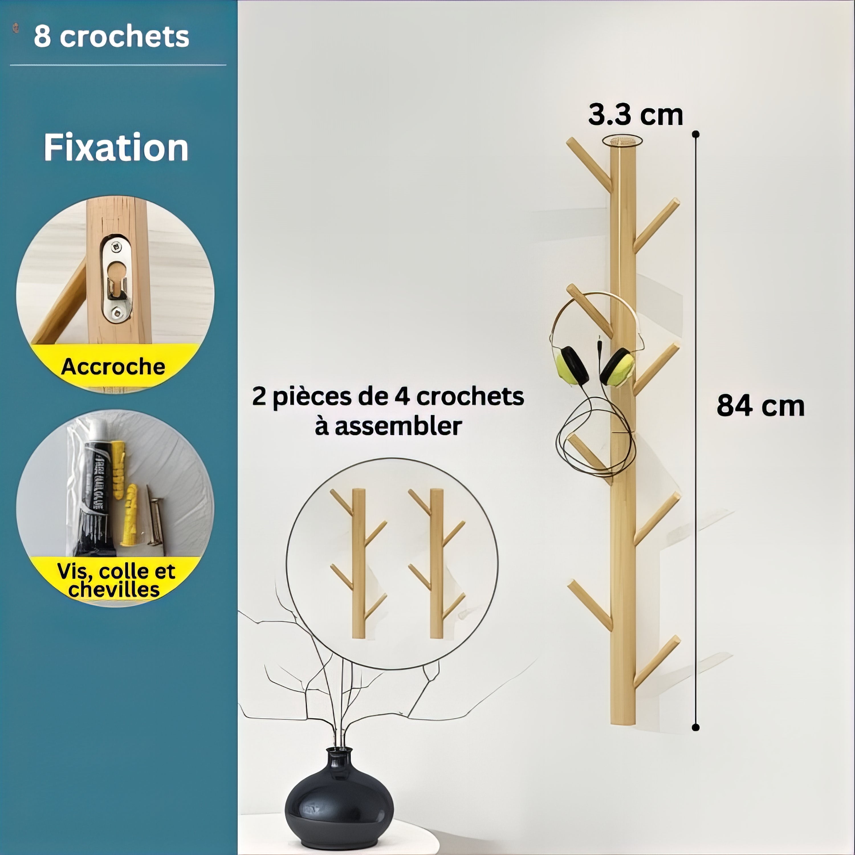 Porte-manteau mural en bois - Style vertical à branche – Image 7