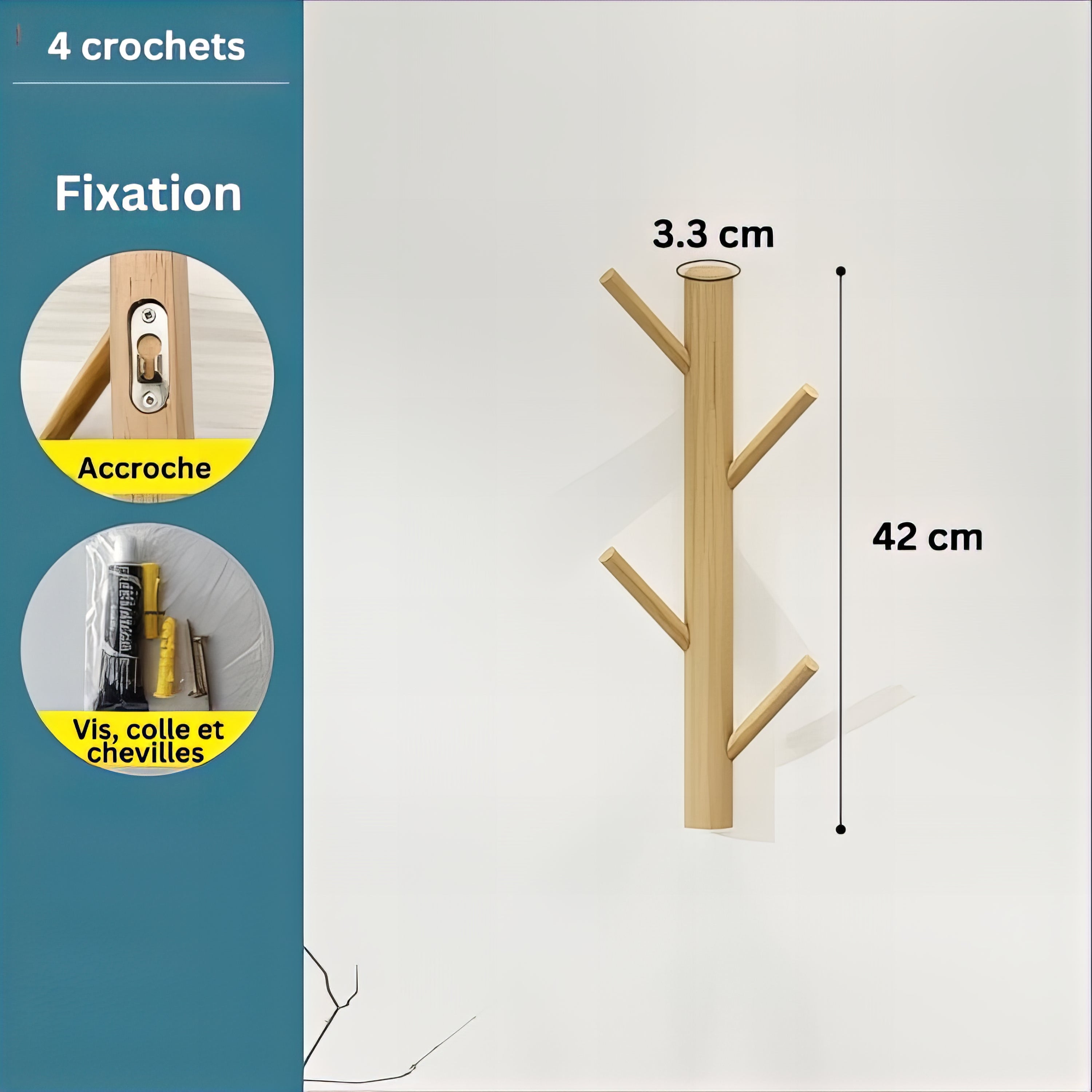 Porte-manteau mural en bois - Style vertical à branche – Image 5