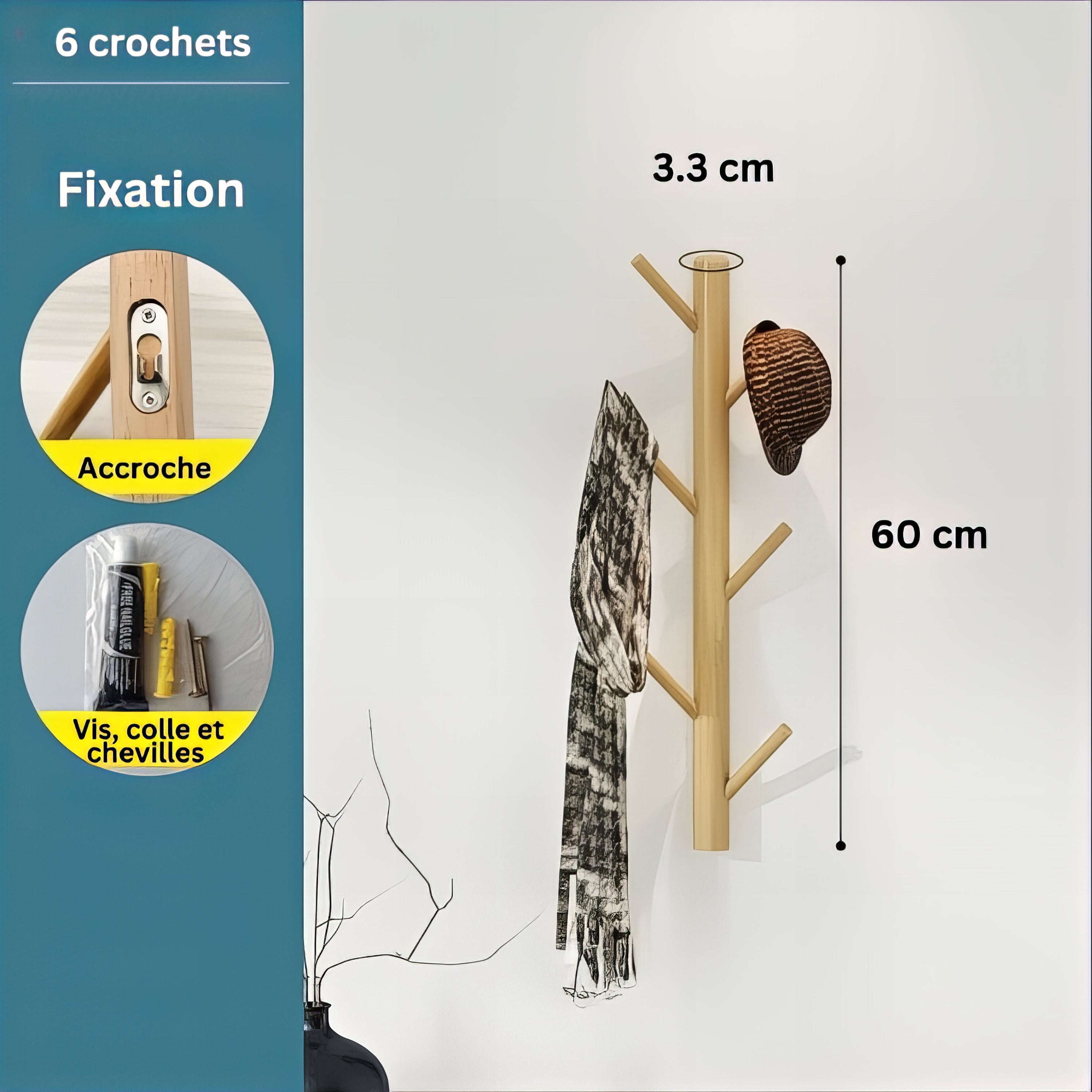 Porte-manteau mural en bois - Style vertical à branche – Image 6