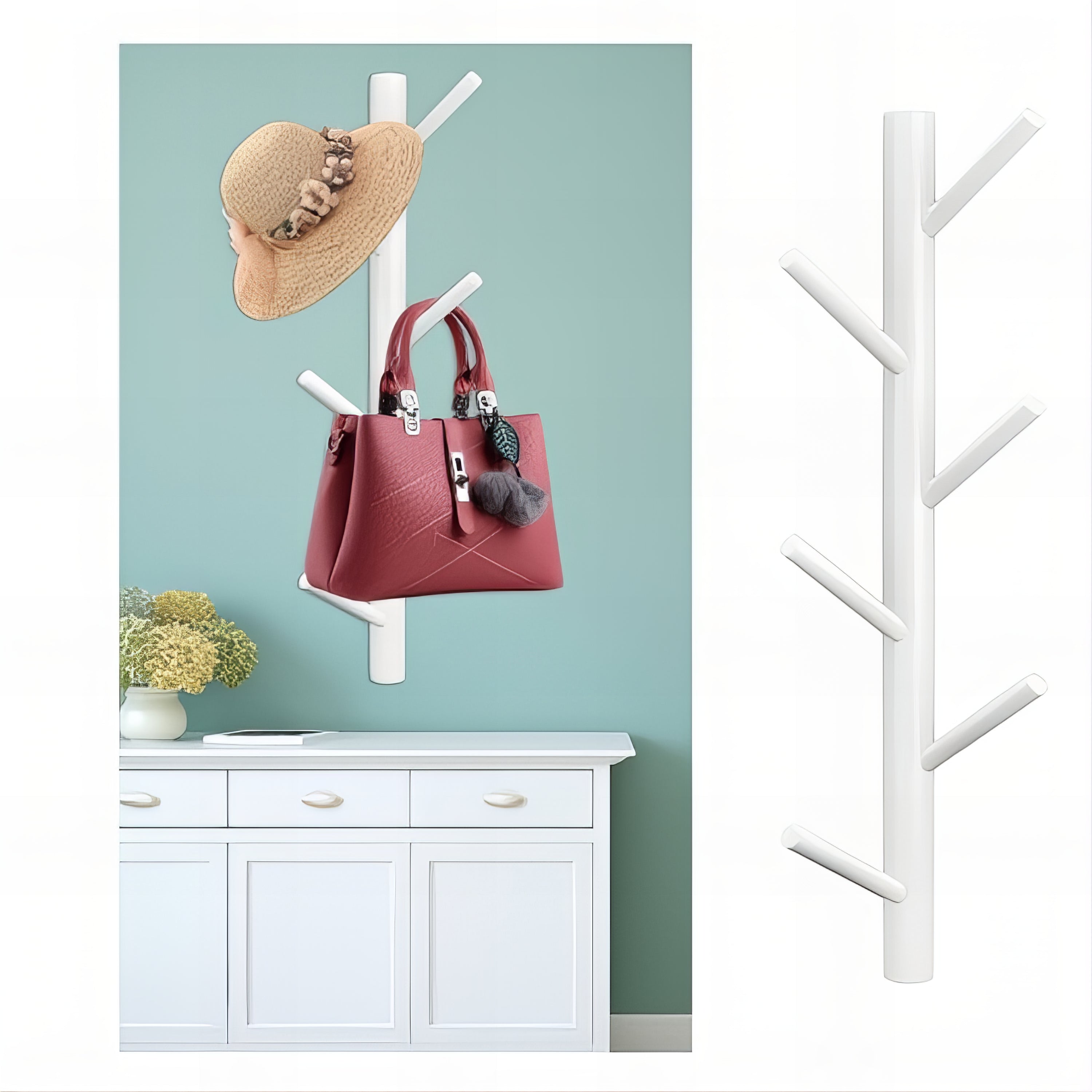 Porte-manteau mural en bois blanc - Style vertical à branche