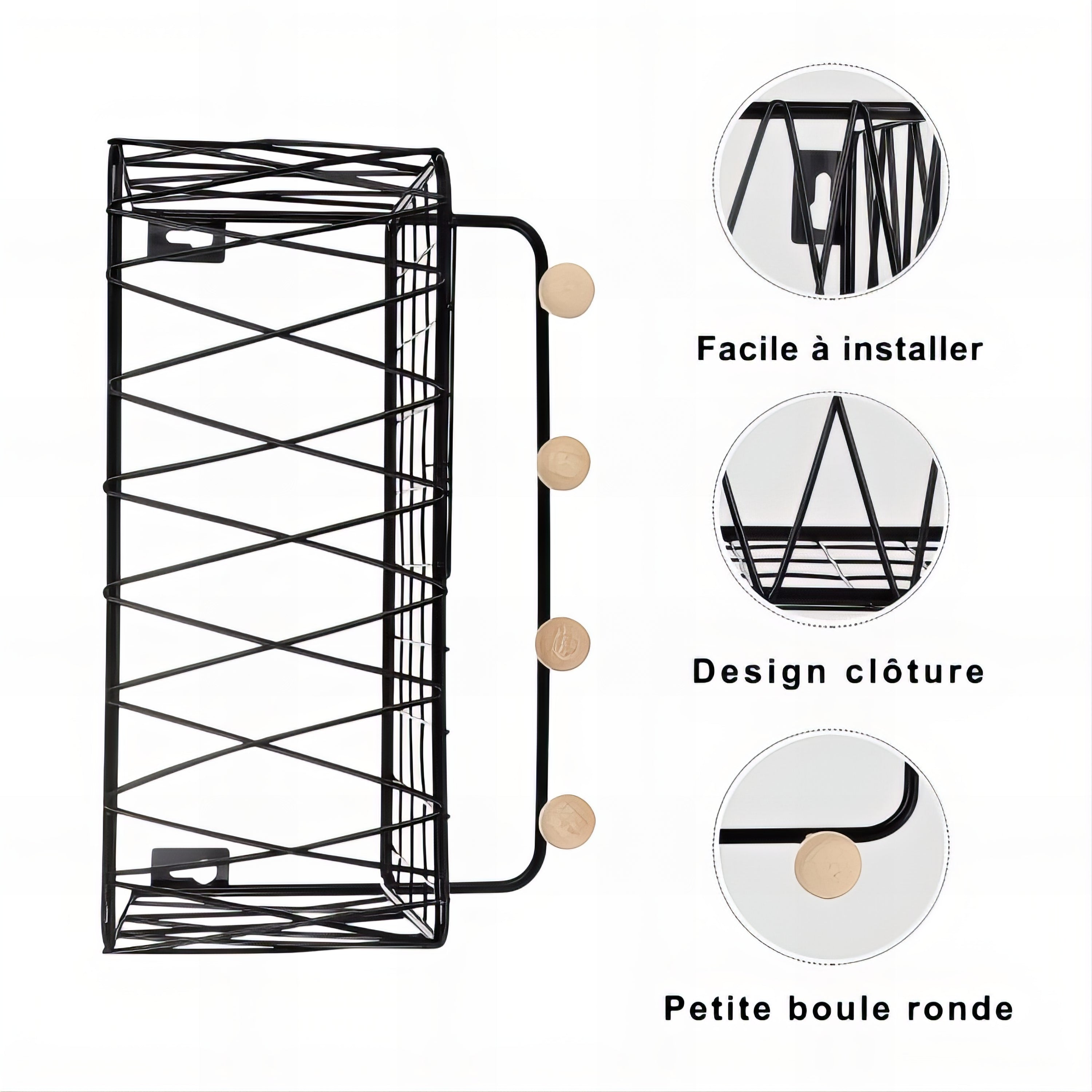 Étagère Murale Porte-Manteaux Contemporain Noir – Image 4