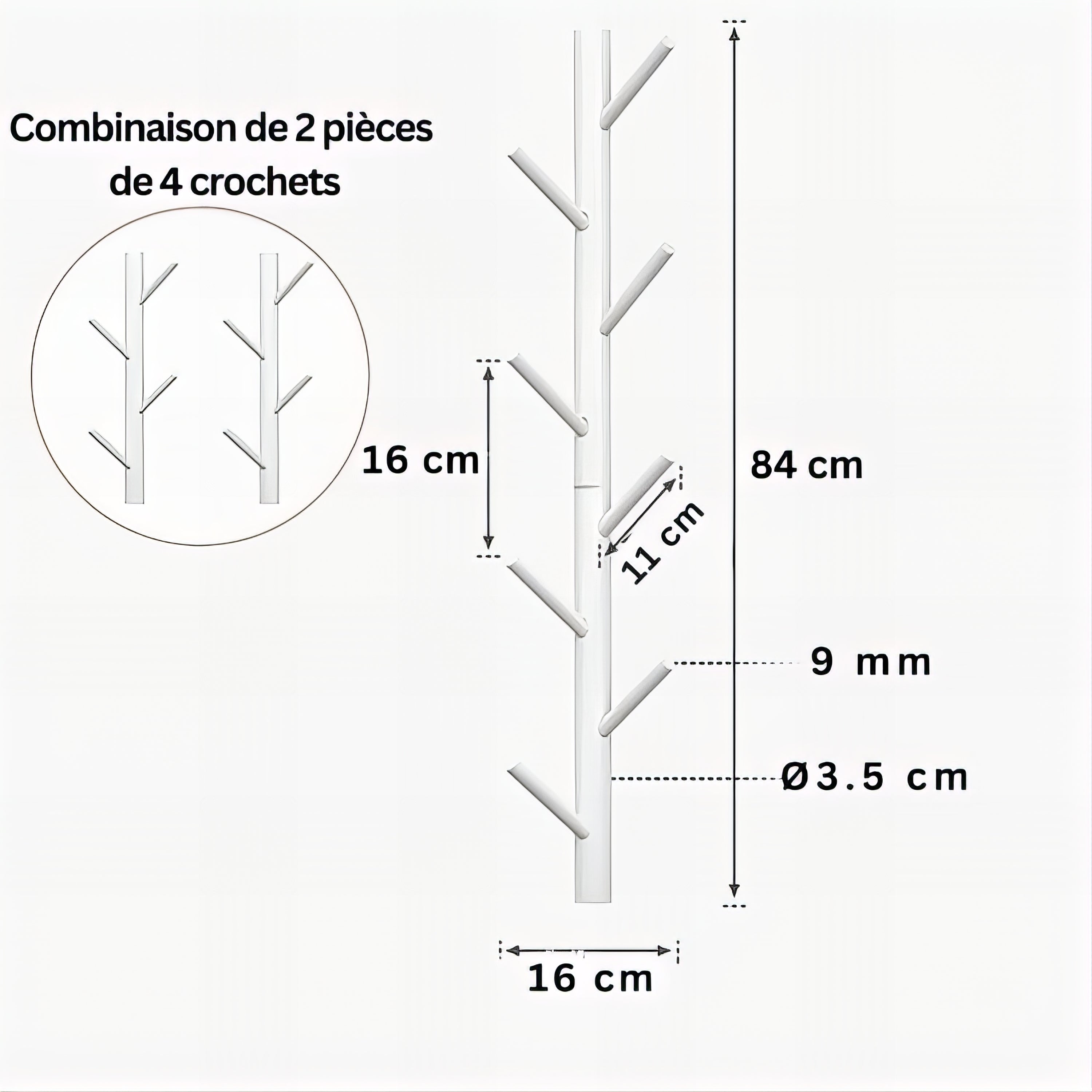 Porte-manteau mural en bois blanc - Style vertical à branche – Image 7