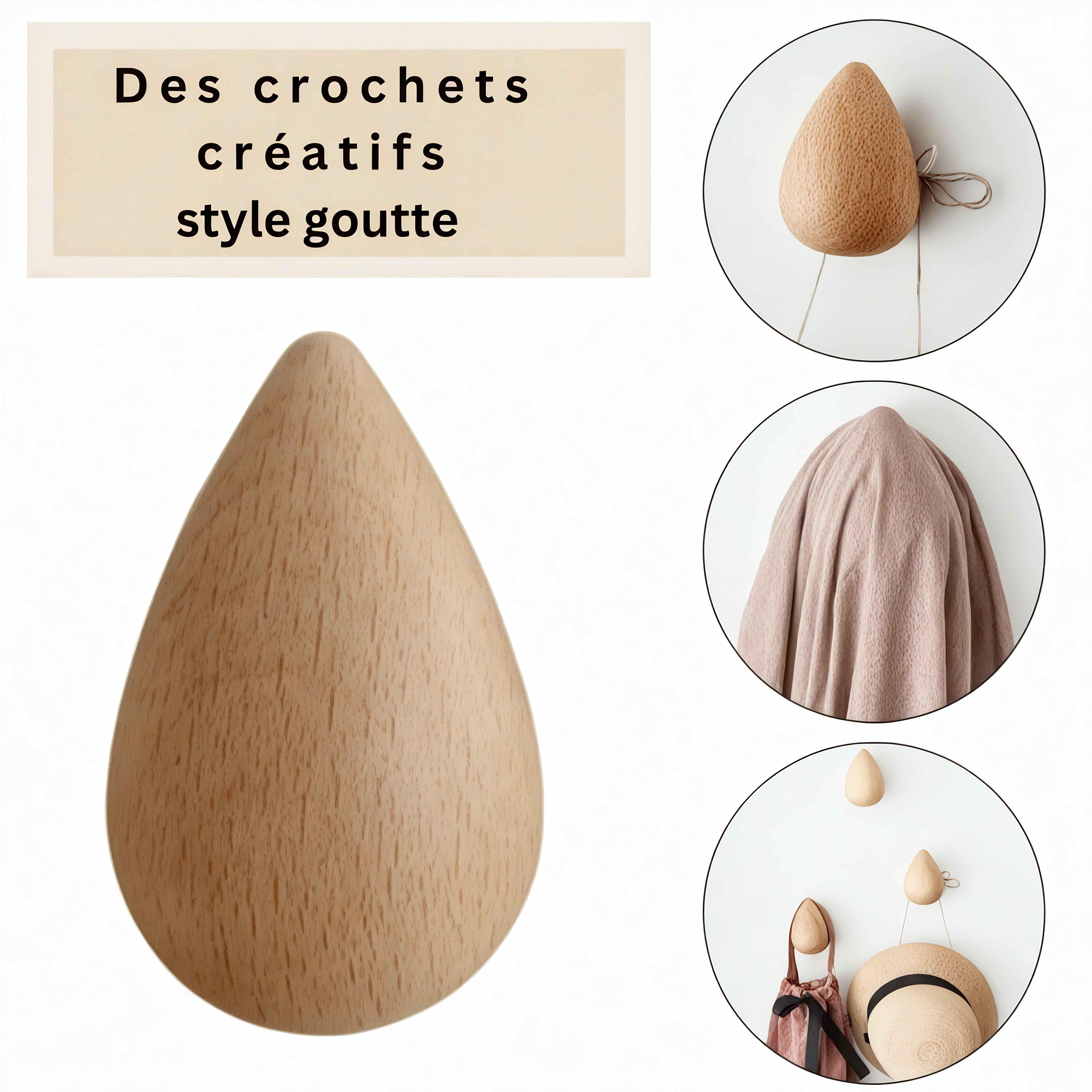 Patère individuelle en bois brut - Style goutte (Lot x4) – Image 2